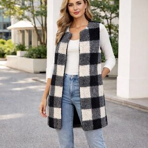 Talbots Buffalo Check Black White Wool Blend Longline Sweater‎ Vest X-Small